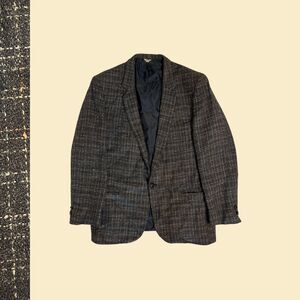 Vintage 1970s charcoal sports coat by Barrage, plaid 70s black/beige jacket